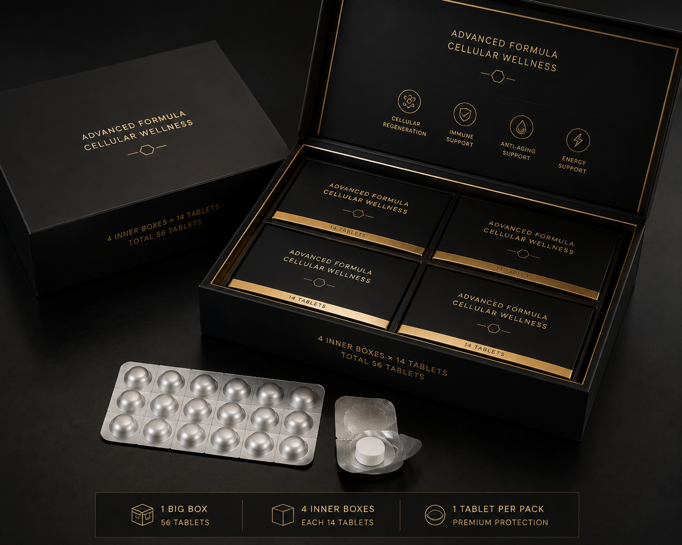 HARMOCELL Black Gold 56-tablet presentation box and individually protected tablets